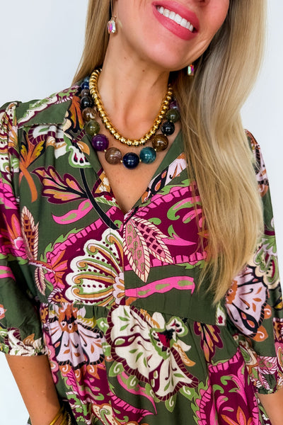 UMGEE Boho Floral Dress Olive Mix