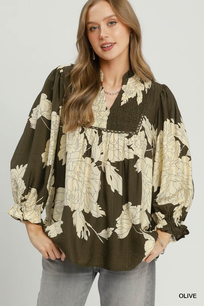 UMGEE Hampton Leaf Print Top Olive