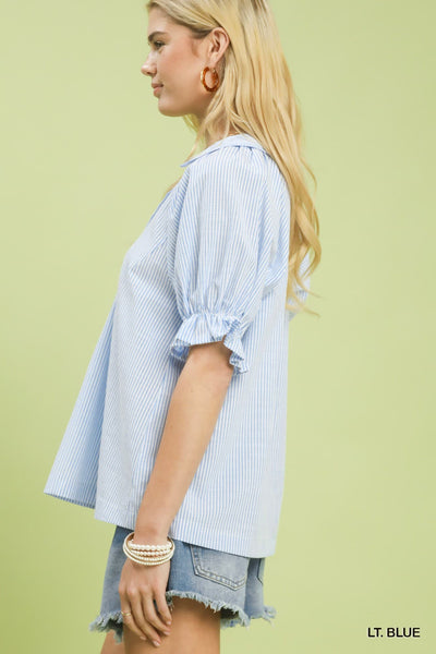 UMGEE Pinstripe Ruffle Sleeve Top Blue