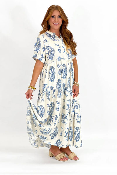 UMGEE Mandarin Collar Tiered Print Maxi Dress Blue Mix