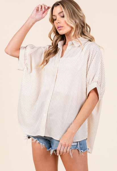Stripe Oxford Button Down Shirt Taupe Tan