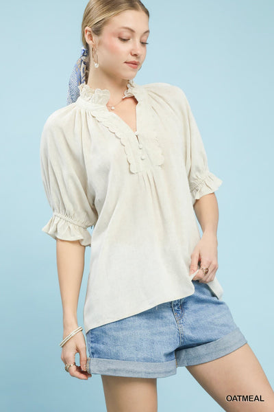 UMGEE Scalloped Ruffle Detail Top Oatmeal