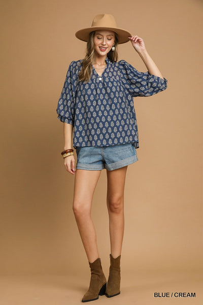UMGEE Blue & Cream Floral Top
