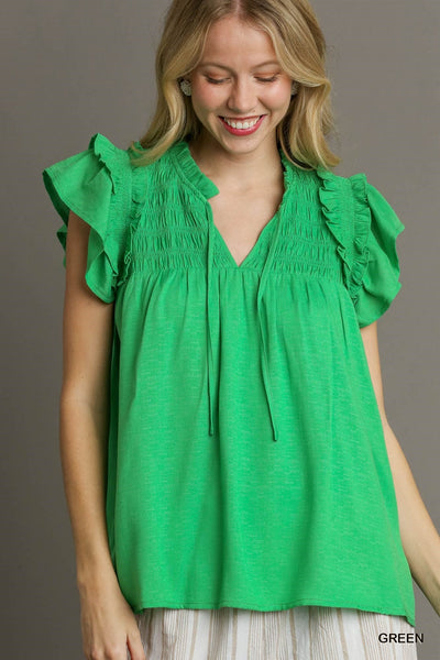 UMGEE Ruffle Flutter Sleeve Top Green