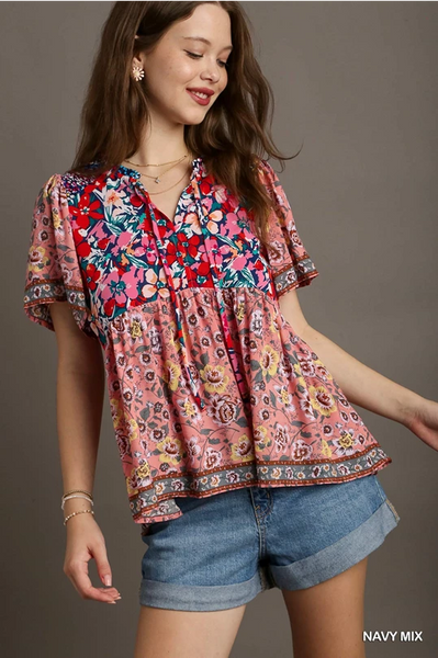 UMGEE Navy Mix Printed Smocked Shoulder Top