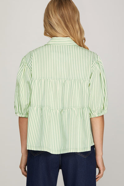 Ruffle Stripe Button Down Top Sage