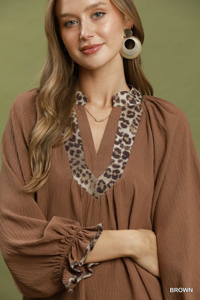 UMGEE Leopard Trim Puff Sleeve Top Mocha