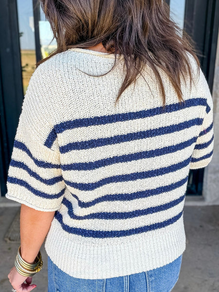 Stripe Knit Half Sleeve Sweater Midnight Blue