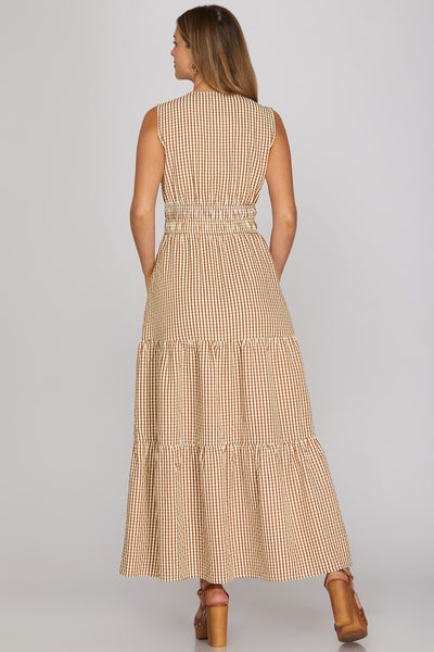 Mocha Gingham Tiered Maxi Dress