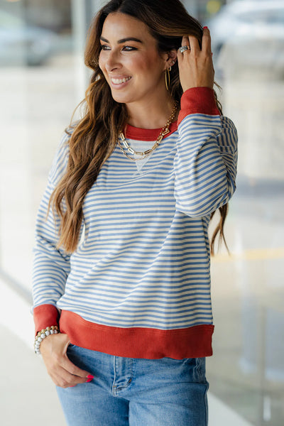 Bold Trim Stripe Sweatshirt Blue Ivory