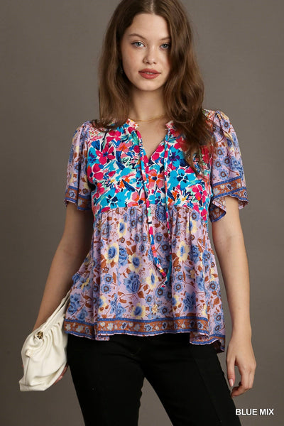 UMGEE Blue Mix Printed Smocked Shoulder Top