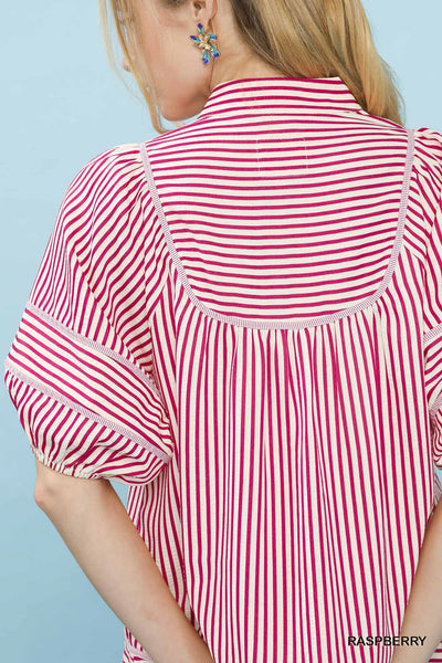 UMGEE Striped Puff Sleeve Top Raspberry