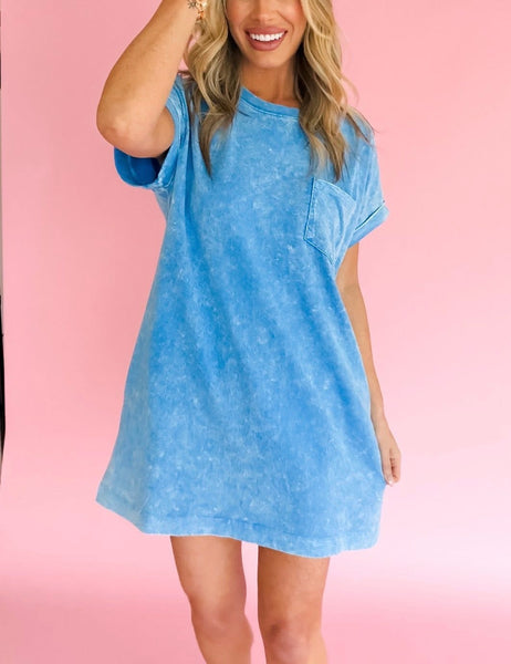 Cotton Tee Shirt Pocket Dress Ocean Blue