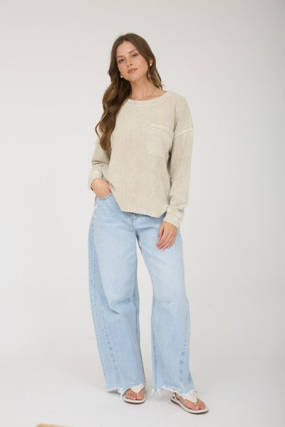 Long Sleeve Rib Knit Pocket Top Beige