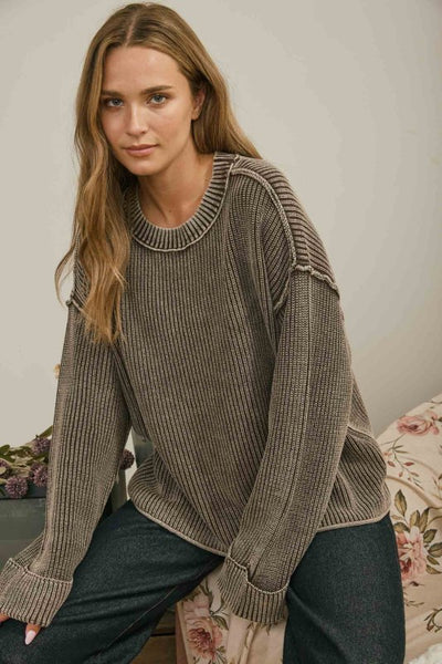 Cuffed Knit Sweater Dark Brown