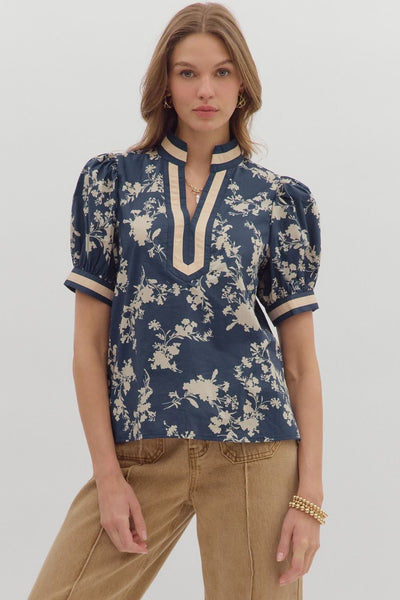 Midnight Blue Floral Puff Sleeve Top