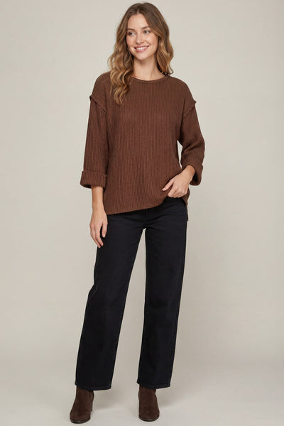 Quarter Sleeve Knit Sweater Top Brown