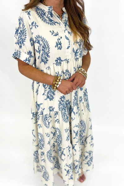 UMGEE Mandarin Collar Tiered Print Maxi Dress Blue Mix