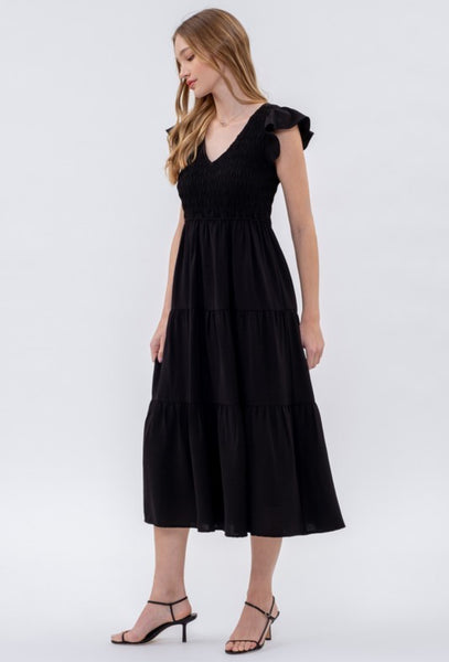 Solid Flutter Sleeve Midi Dress Black