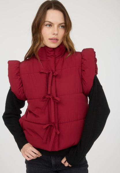 Flutter Sleeve Puffer Vest Red Wine