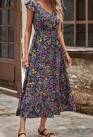 Macie Black Floral Midi Dress
