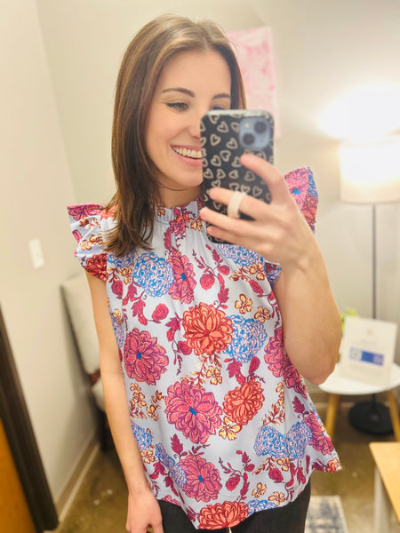 UMGEE Floral Print Ruffle Neck Top