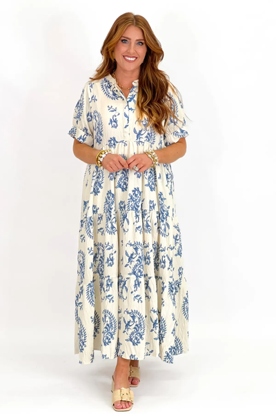 UMGEE Mandarin Collar Tiered Print Maxi Dress Blue Mix