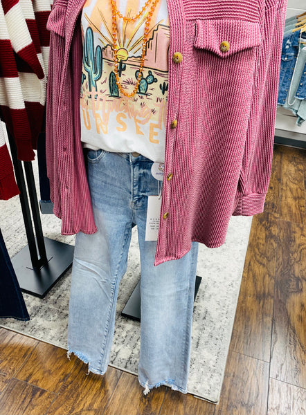 Textured Urban Ribbed Button Down Shacket Sangria