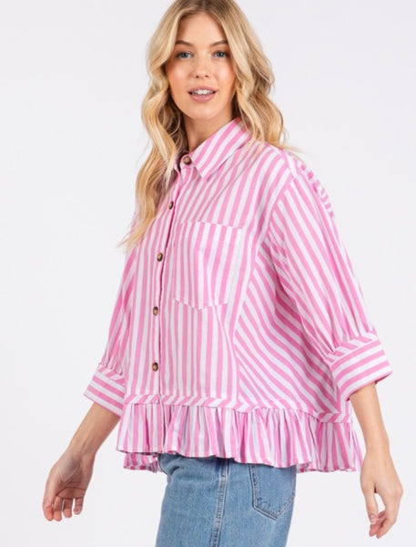 Striped Ruffle Button Down Top Pink