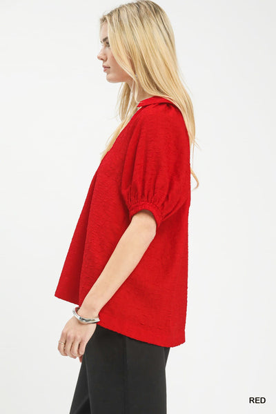 UMGEE Textured V Neck Top Red