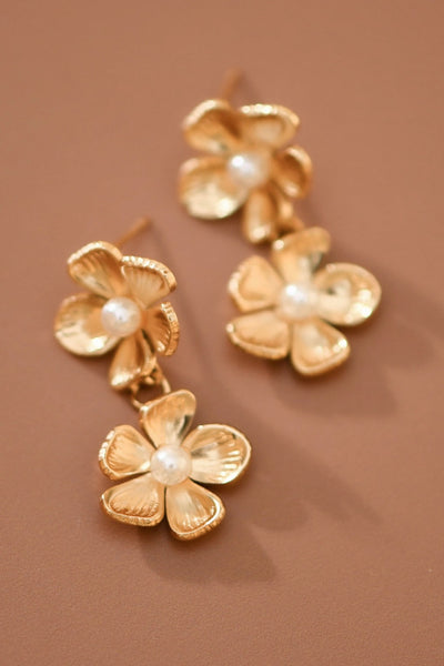 18K Gold Plated S.S. Pearl Flower Drop Earring