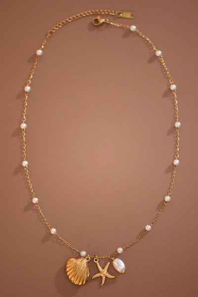 18K Gold Plated S.S. Pearl & Beach Pendant Necklace