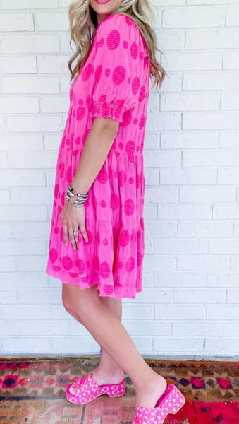 UMGEE Dotted Smocked Puff Sleeve Dress Rose