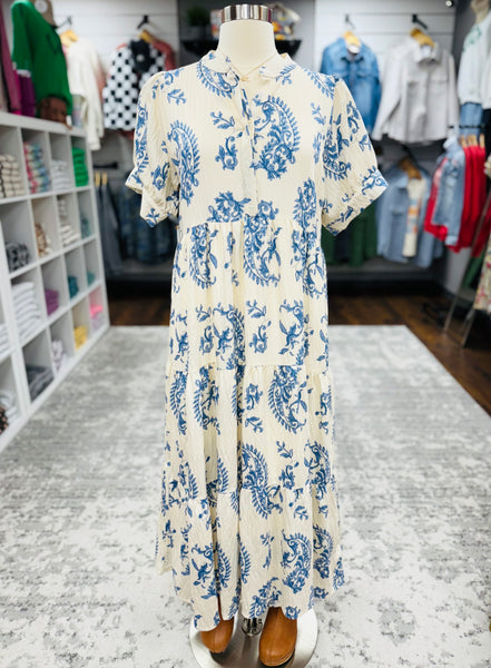 UMGEE Mandarin Collar Tiered Print Maxi Dress Blue Mix