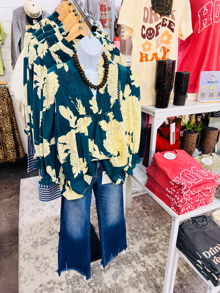 UMGEE Hampton Leaf Print Top Teal
