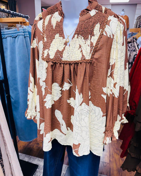 UMGEE Hampton Leaf Print Top Brown
