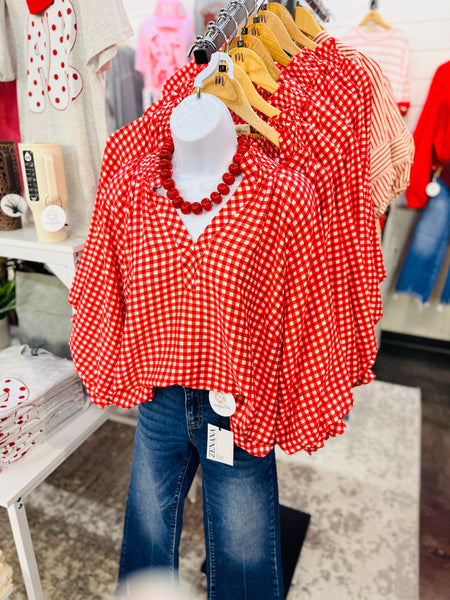 UMGEE Gingham Check Puff Sleeve Top