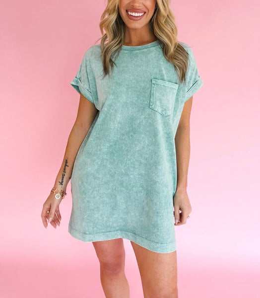 Cotton Tee Shirt Pocket Dress Green