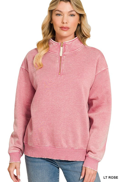 Acid Wash Half Zip Sweatshirt Rose