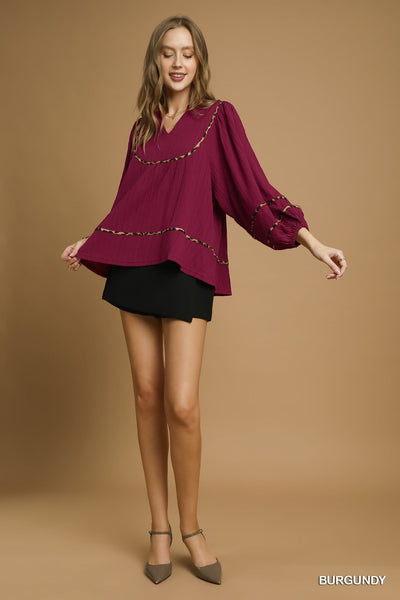 UMGEE Dark Red Leopard Trim Top