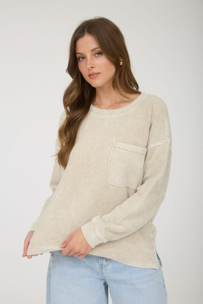 Long Sleeve Rib Knit Pocket Top Beige