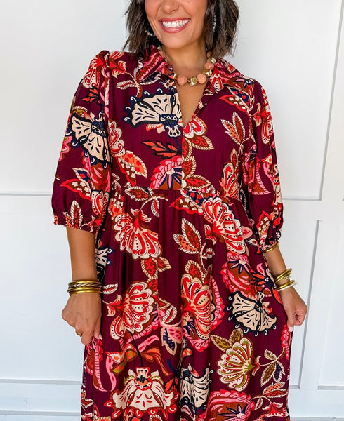 UMGEE Boho Floral Dress Burgundy Mix