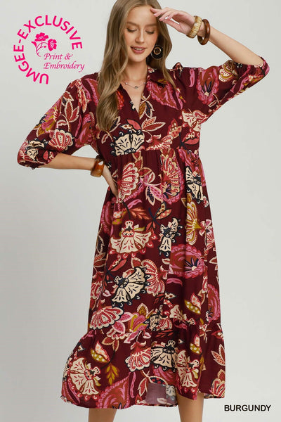 UMGEE Boho Floral Dress Burgundy Mix