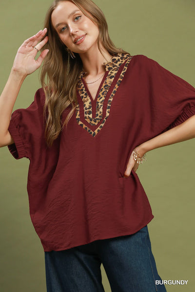 UMGEE Rowan Leopard Contrast Top Wine