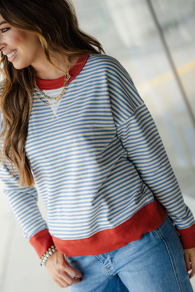 Bold Trim Stripe Sweatshirt Blue Ivory