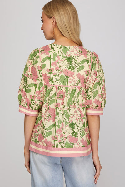 Pink & Green Floral Mix Top