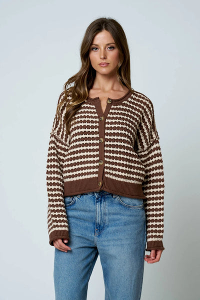 Crochet Knit Stripe Cardigan Top Chocolate
