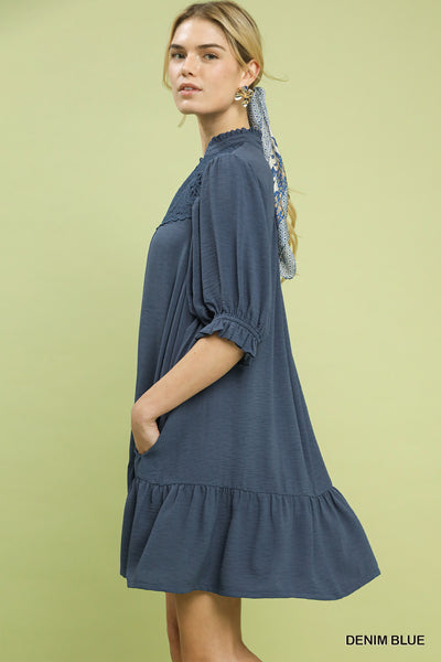 UMGEE Lace Detail Tiered Dress Denim Blue