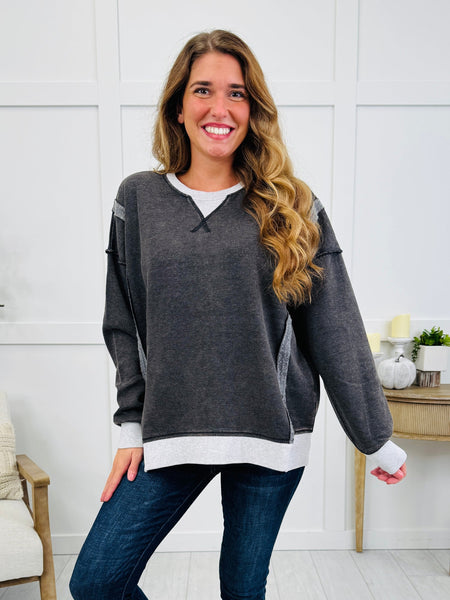 Fleece Washed Contrast Trim Pullover Black