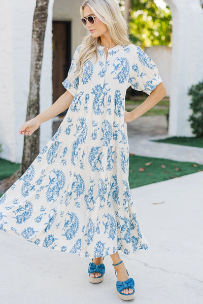 UMGEE Mandarin Collar Tiered Print Maxi Dress Blue Mix